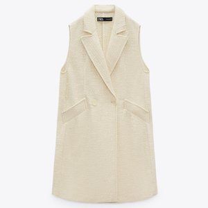 NEW Zara Double Breasted Tweed Textured Structured Long Vest Coat - Cream Ivory
